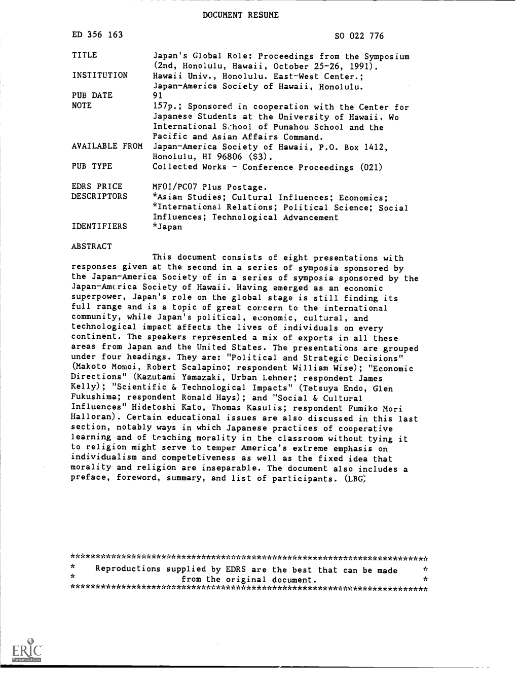 Japan's Global Role: Proceedings from the Symposium (2Nd, Honolulu, Hawaii, October 25-26, 1991)