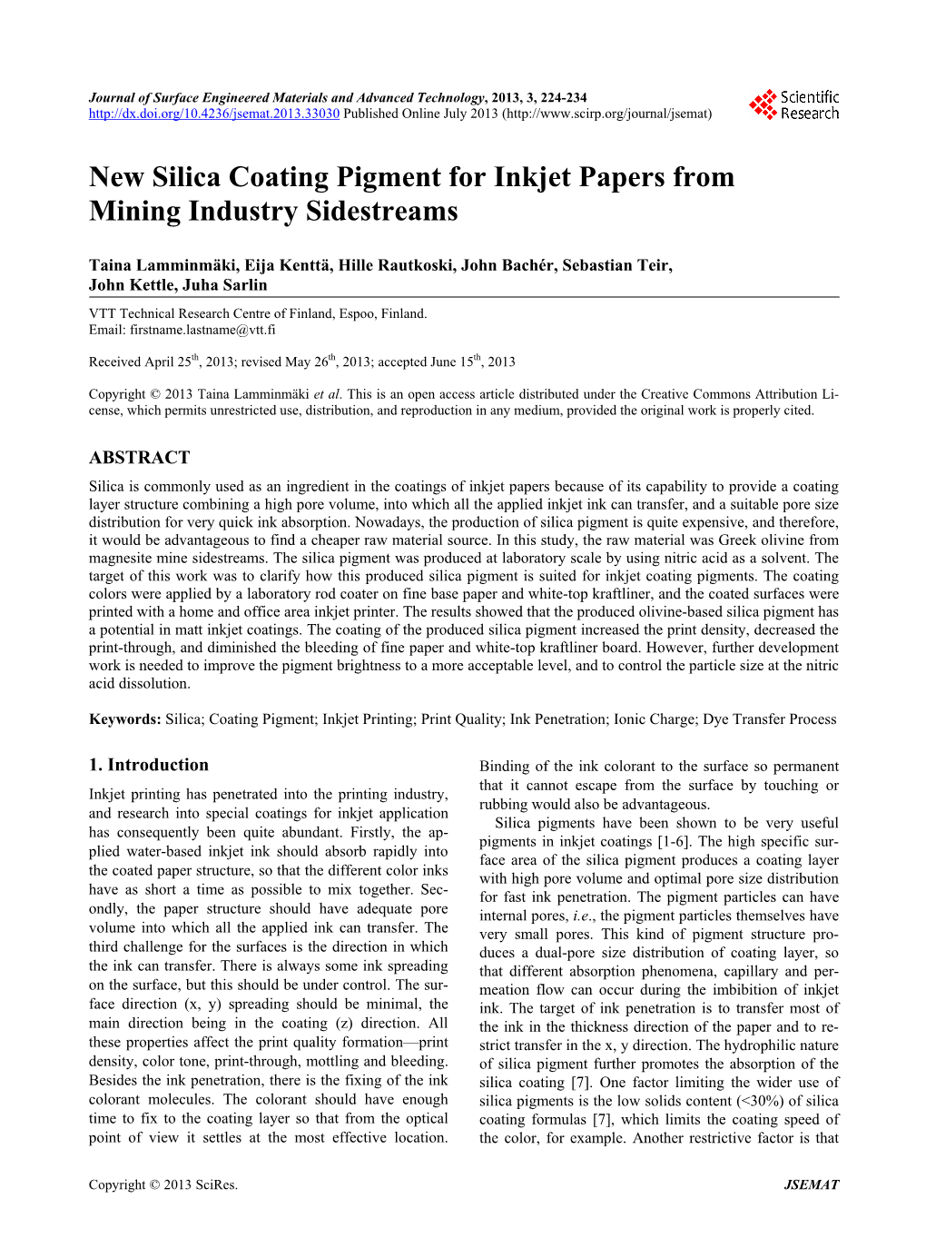 New Silica Coating Pigment for Inkjet Papers from Mining Industry Sidestreams