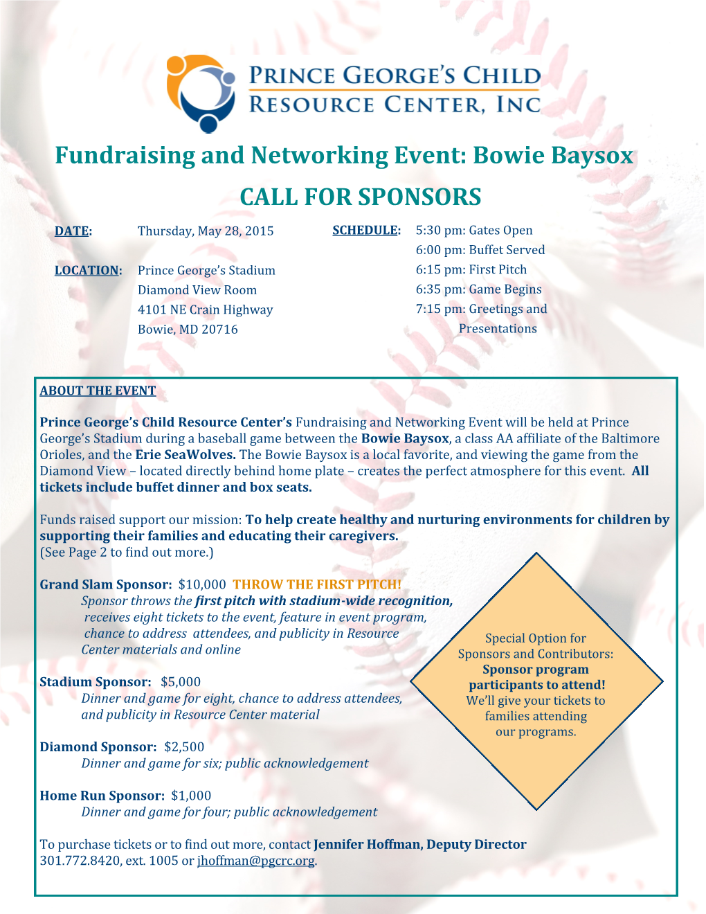 Fundraising and Networking Event: Bowie Baysox CALL for SPONSORS