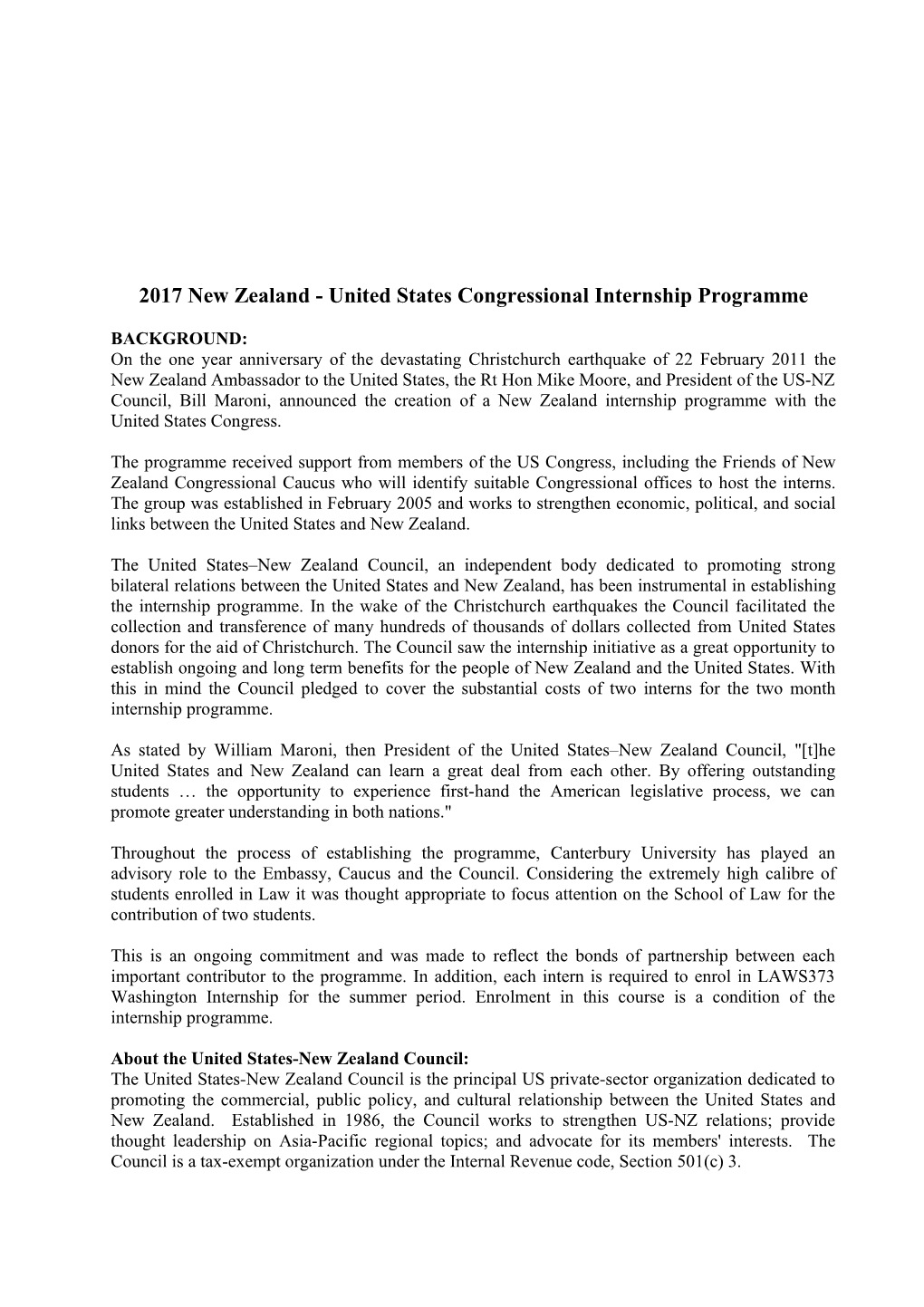 2017 New Zealand - United States Congressional Internship Programme