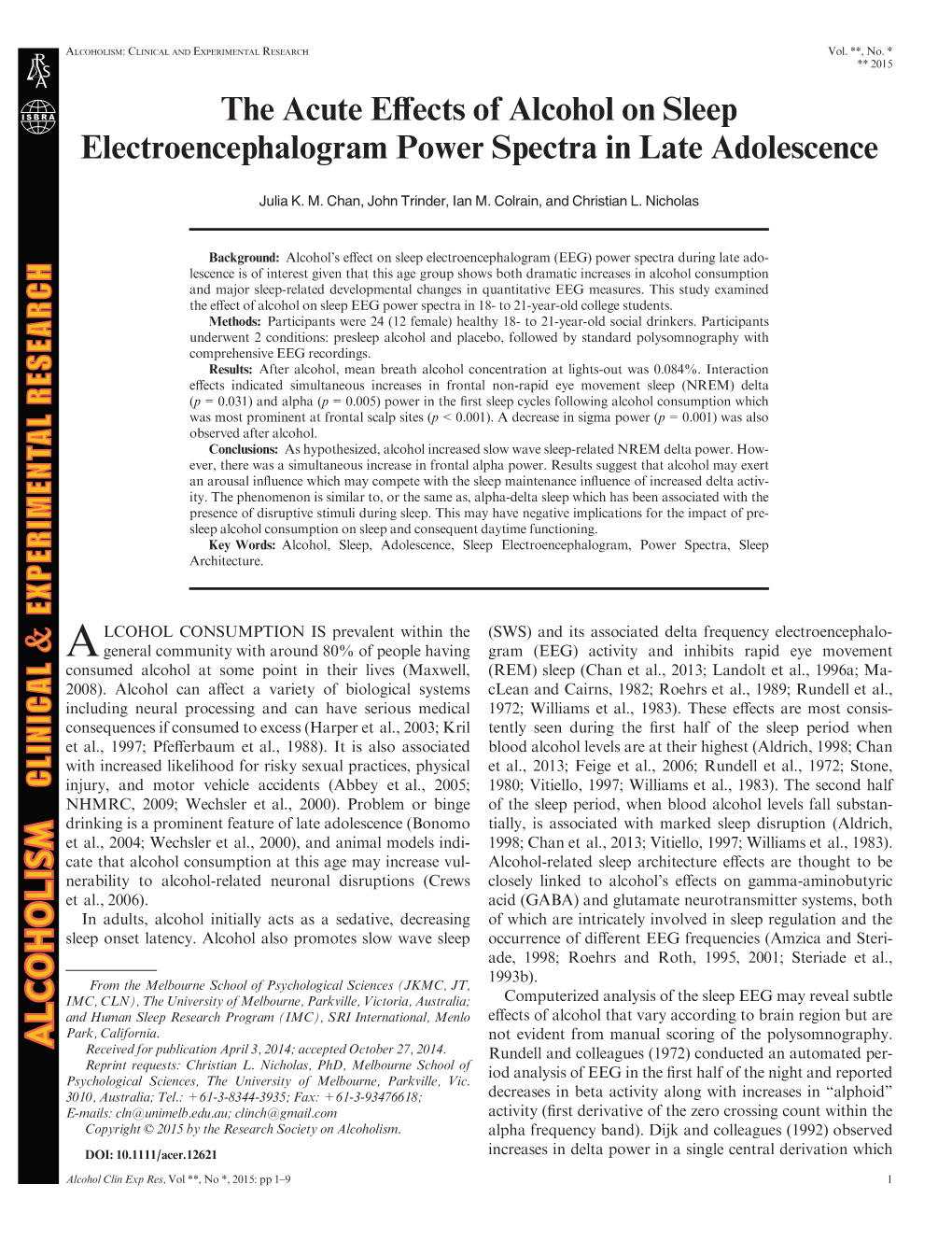 The Acute Effects of Alcohol on Sleep Electroencephalogram Power Spectra in Late Adolescence