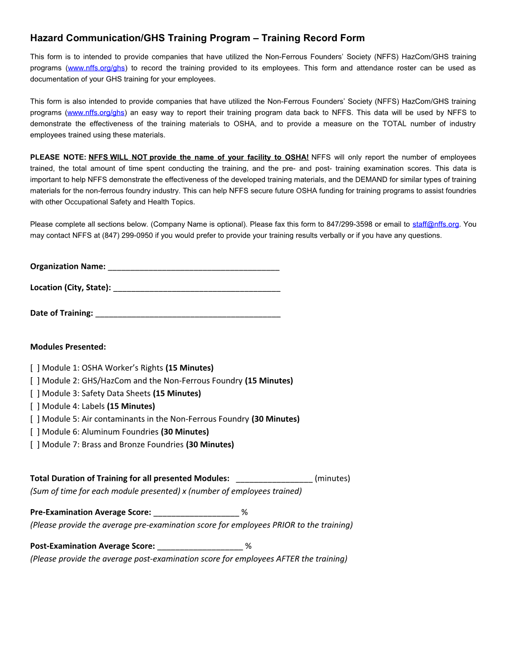 Hazard Communication/GHS Training Program Training Record Form