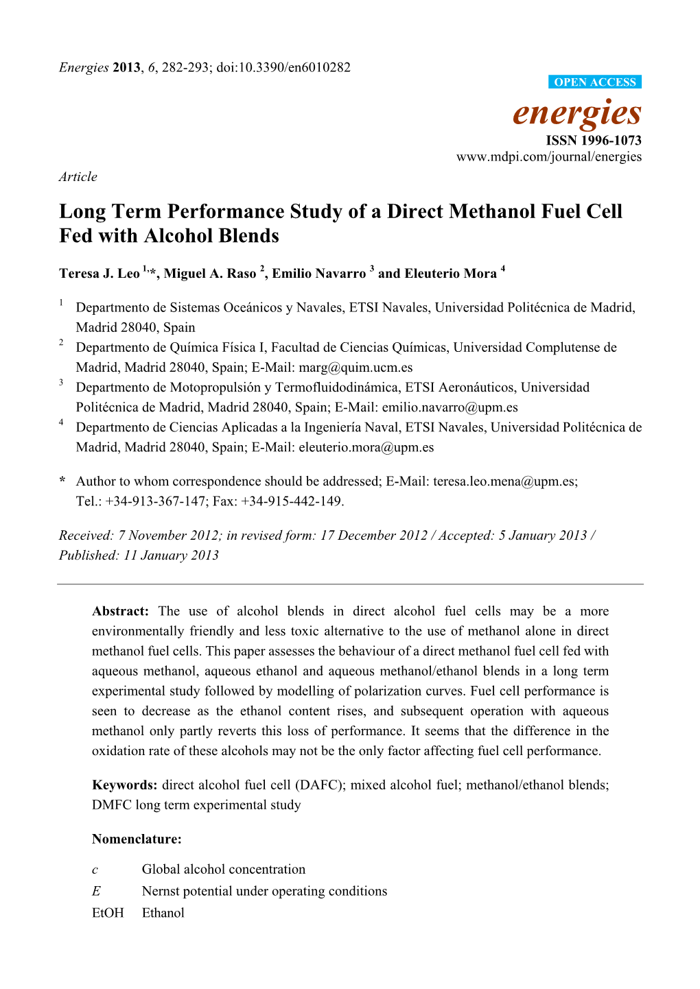 Long Term Performance Study of a Direct Methanol Fuel Cell Fed with Alcohol Blends