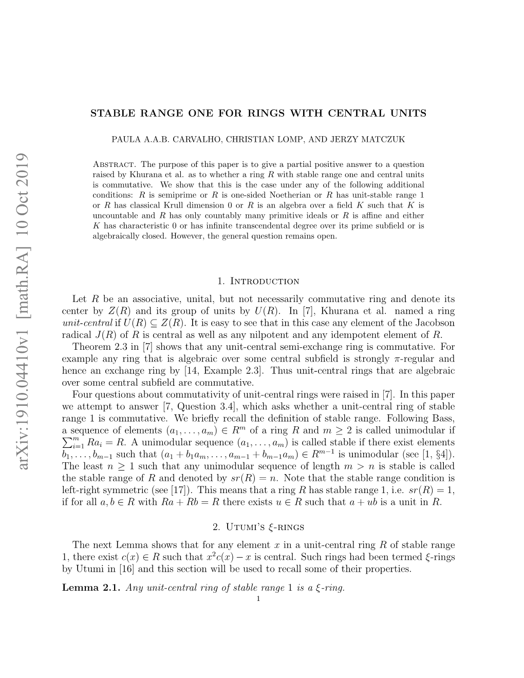 Stable Range One for Rings with Central Units