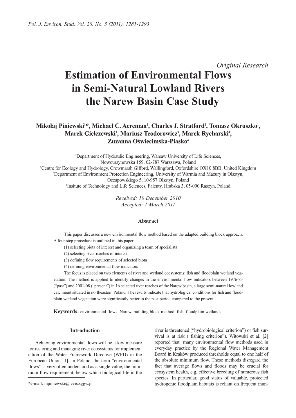 Estimation of Environmental Flows in Semi-Natural Lowland Rivers – the Narew Basin Case Study