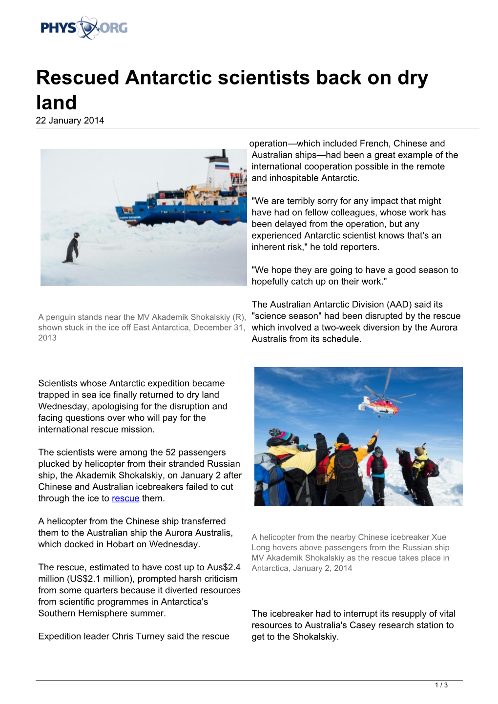 Rescued Antarctic Scientists Back on Dry Land 22 January 2014
