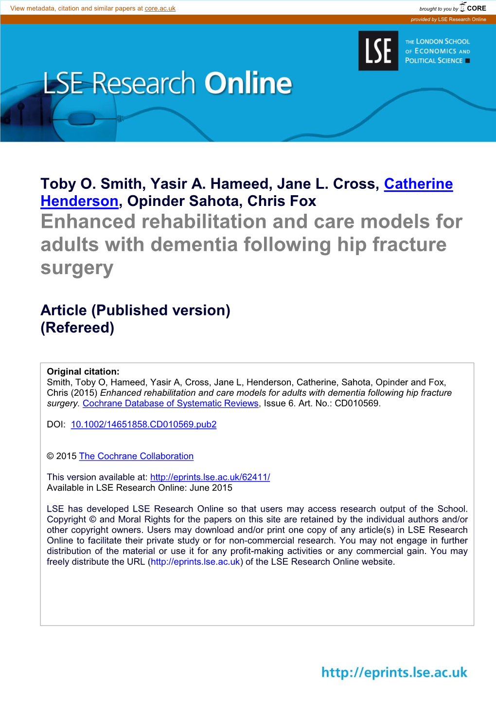 Enhanced Rehabilitation and Care Models for Adults with Dementia Following Hip Fracture Surgery