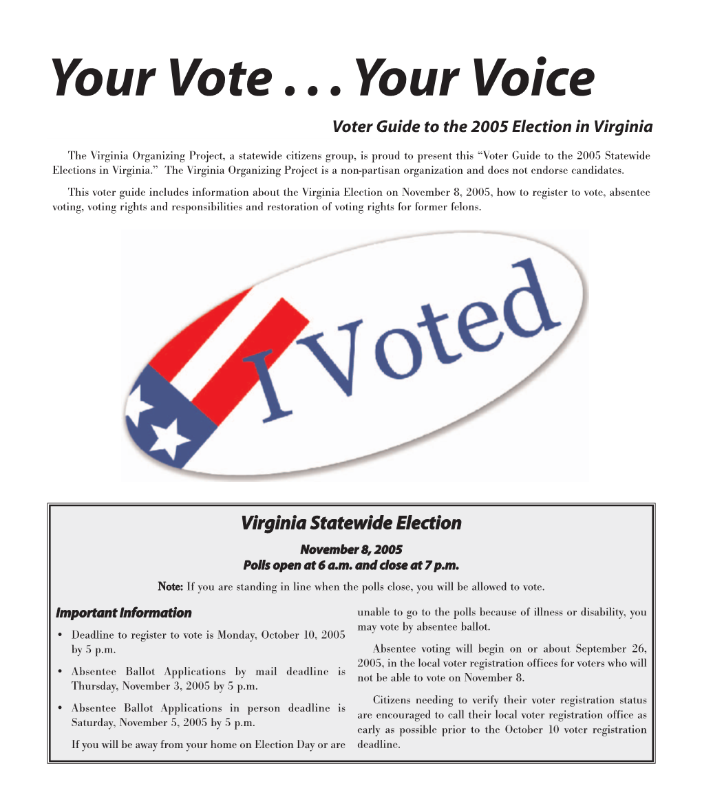 Virginia Organizing Project 2005 Voter Guide