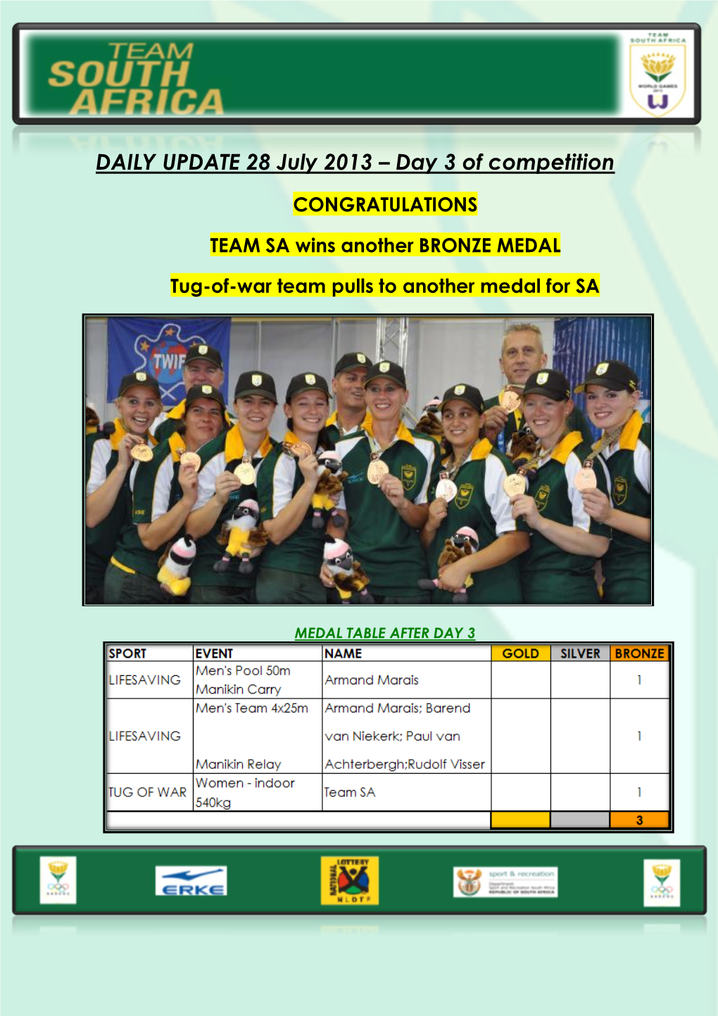 DAILY UPDATE 28 July 2013 – Day 3 of Competition CONGRATULATIONS