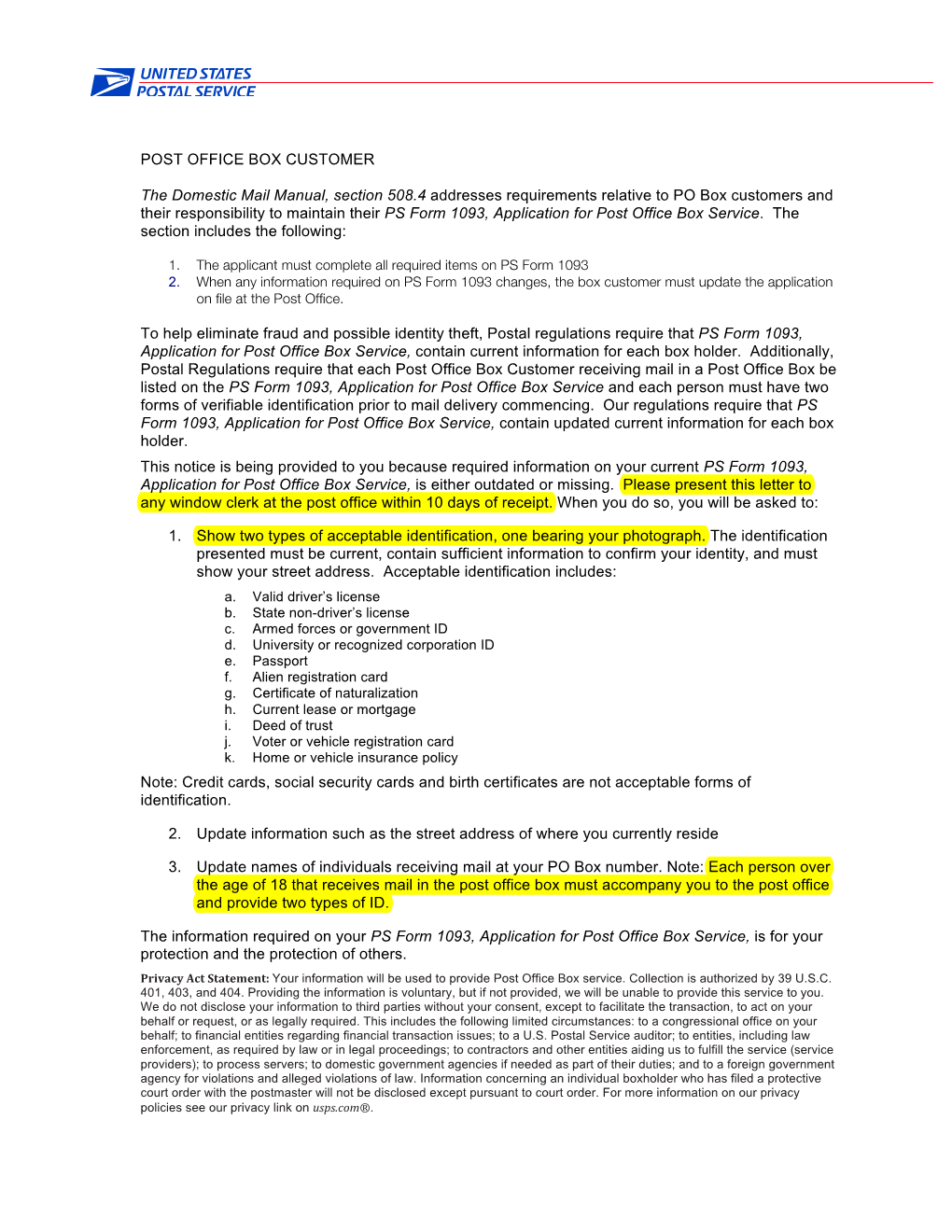 POST OFFICE BOX CUSTOMER the Domestic Mail Manual, Section