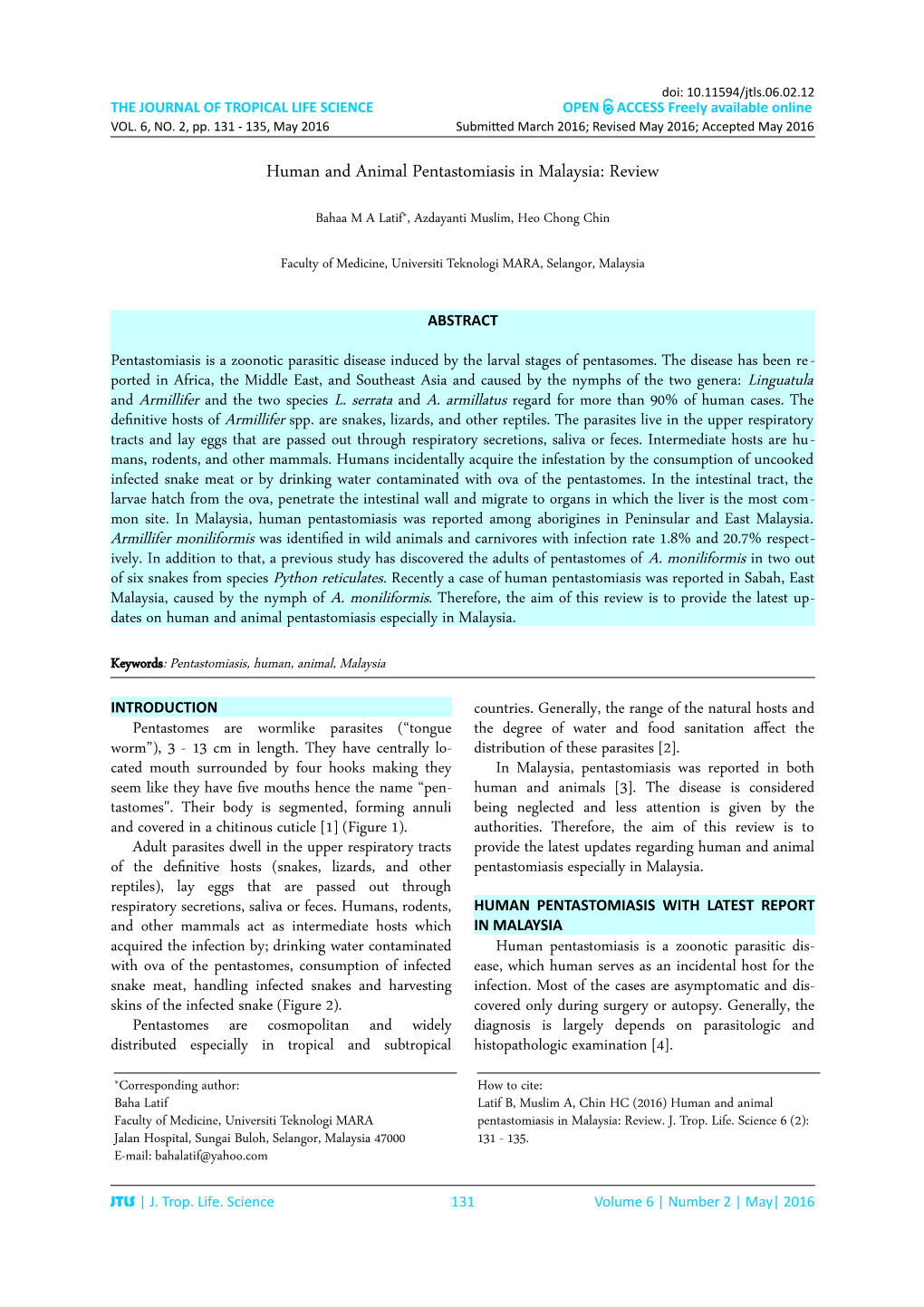 Human and Animal Pentastomiasis in Malaysia: Review