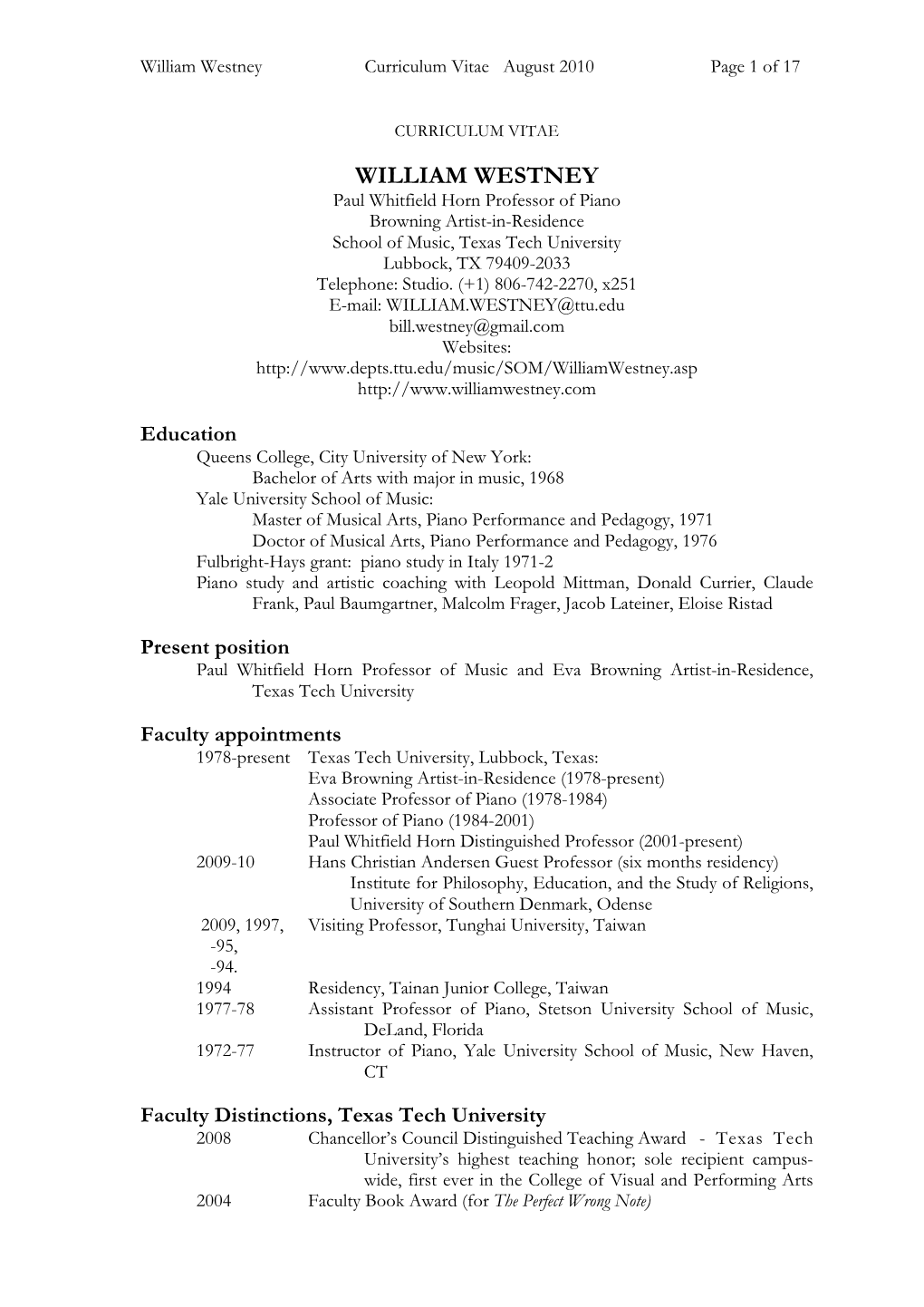 William Westney Curriculum Vitae August 2010 Page 1 of 17