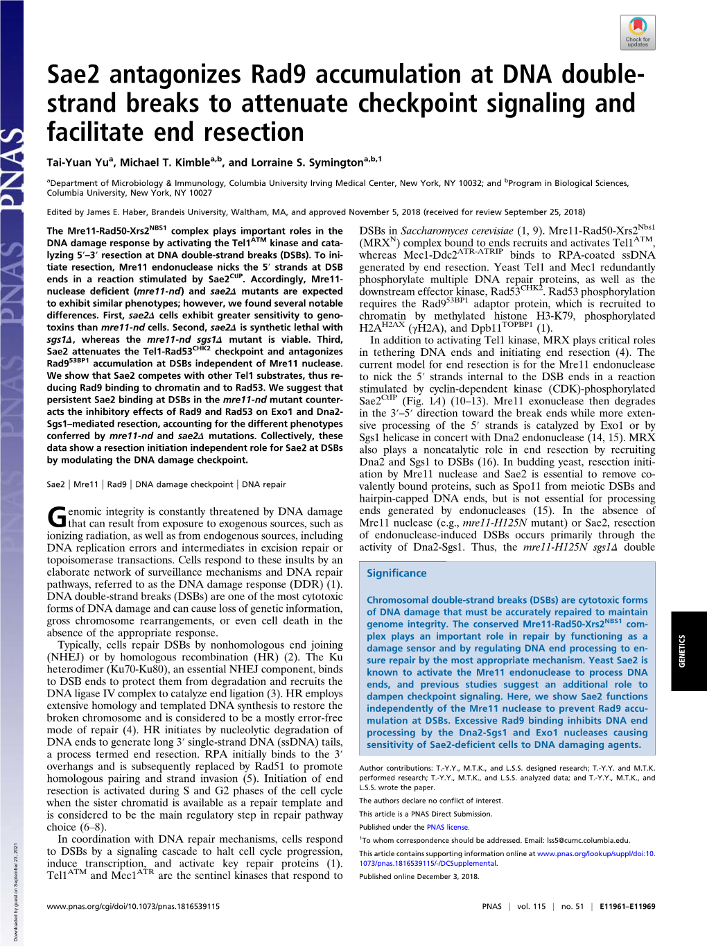 Sae2 Antagonizes Rad9 Accumulation at DNA Double-Strand Breaks To