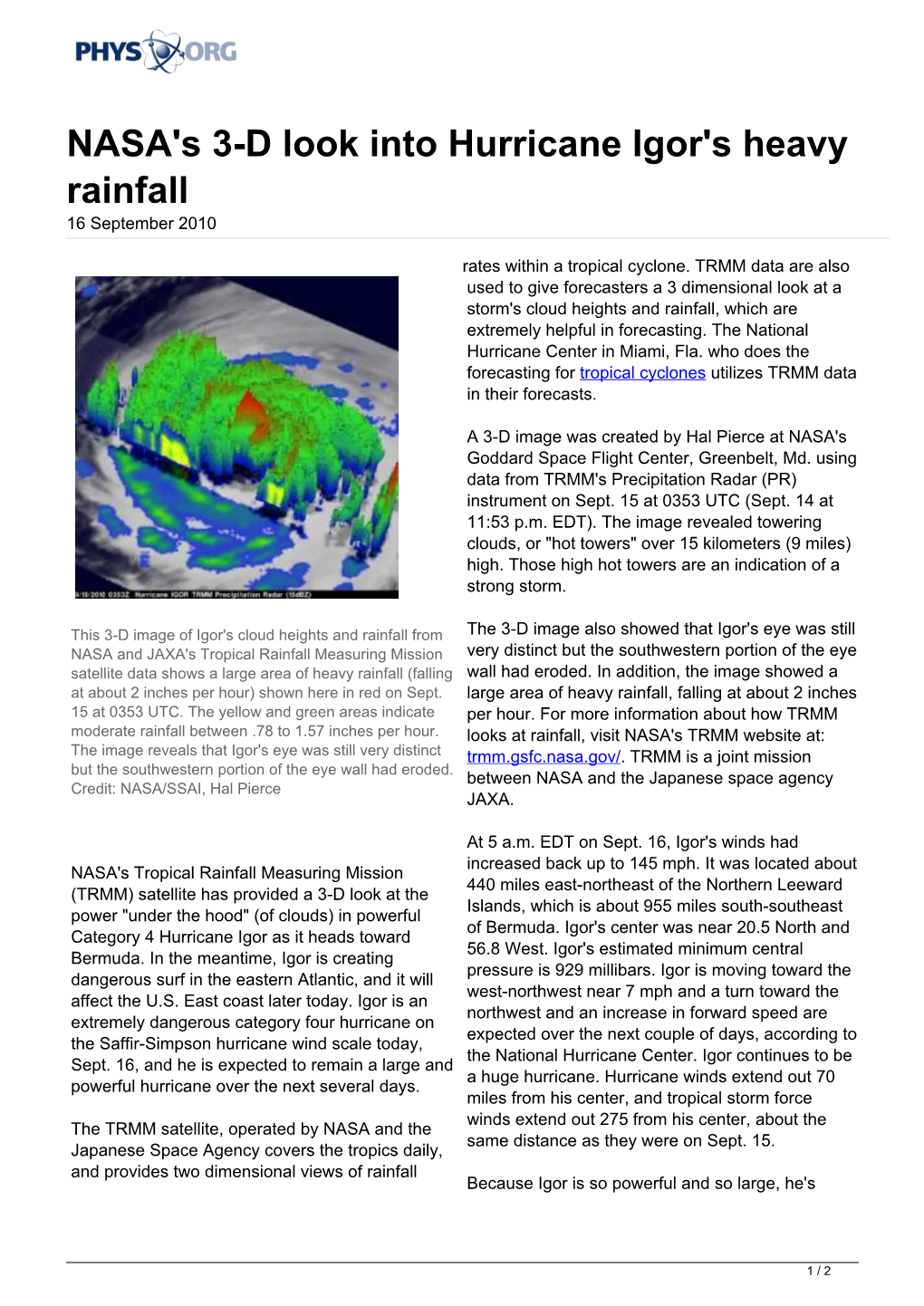 NASA's 3-D Look Into Hurricane Igor's Heavy Rainfall 16 September 2010