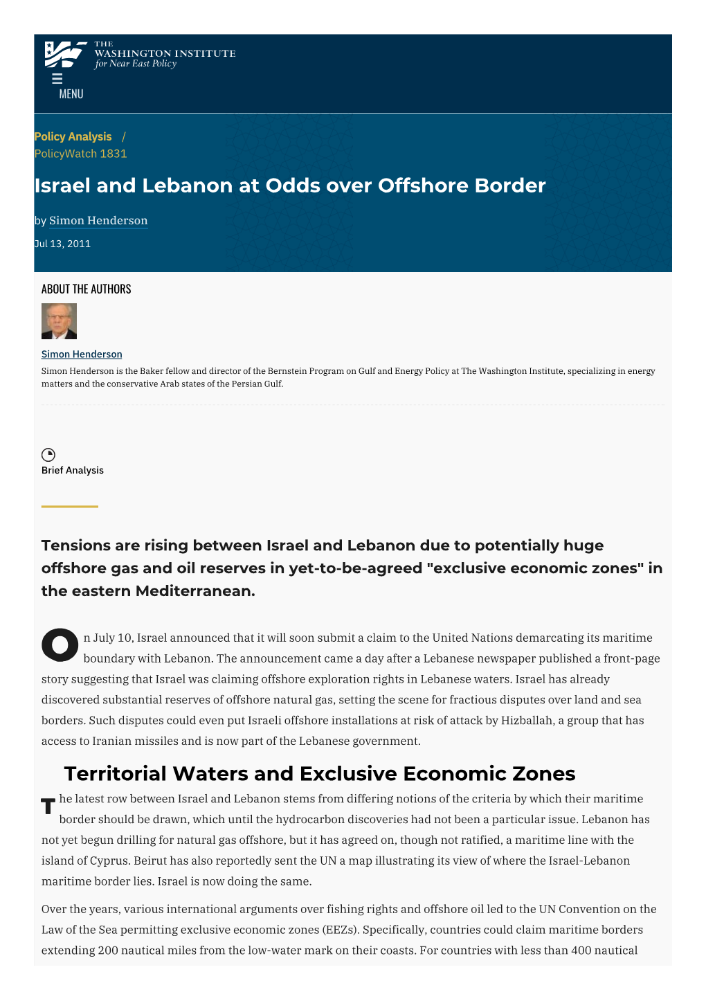 Israel and Lebanon at Odds Over Offshore Border | the Washington Institute