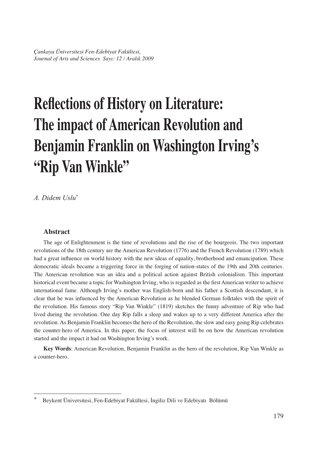 The Impact of American Revolution and Benjamin Franklin on Washington Irving’S “Rip Van Winkle”