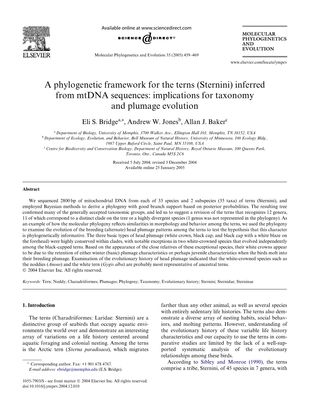 A Phylogenetic Framework for the Terns (Sternini) Inferred from Mtdna Sequences: Implications for Taxonomy and Plumage Evolution