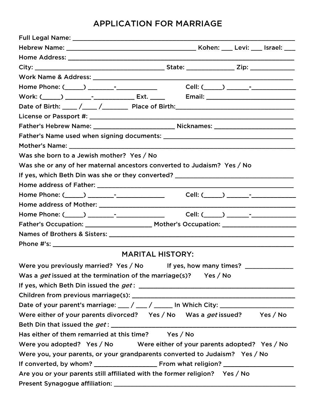 Application for Marriage