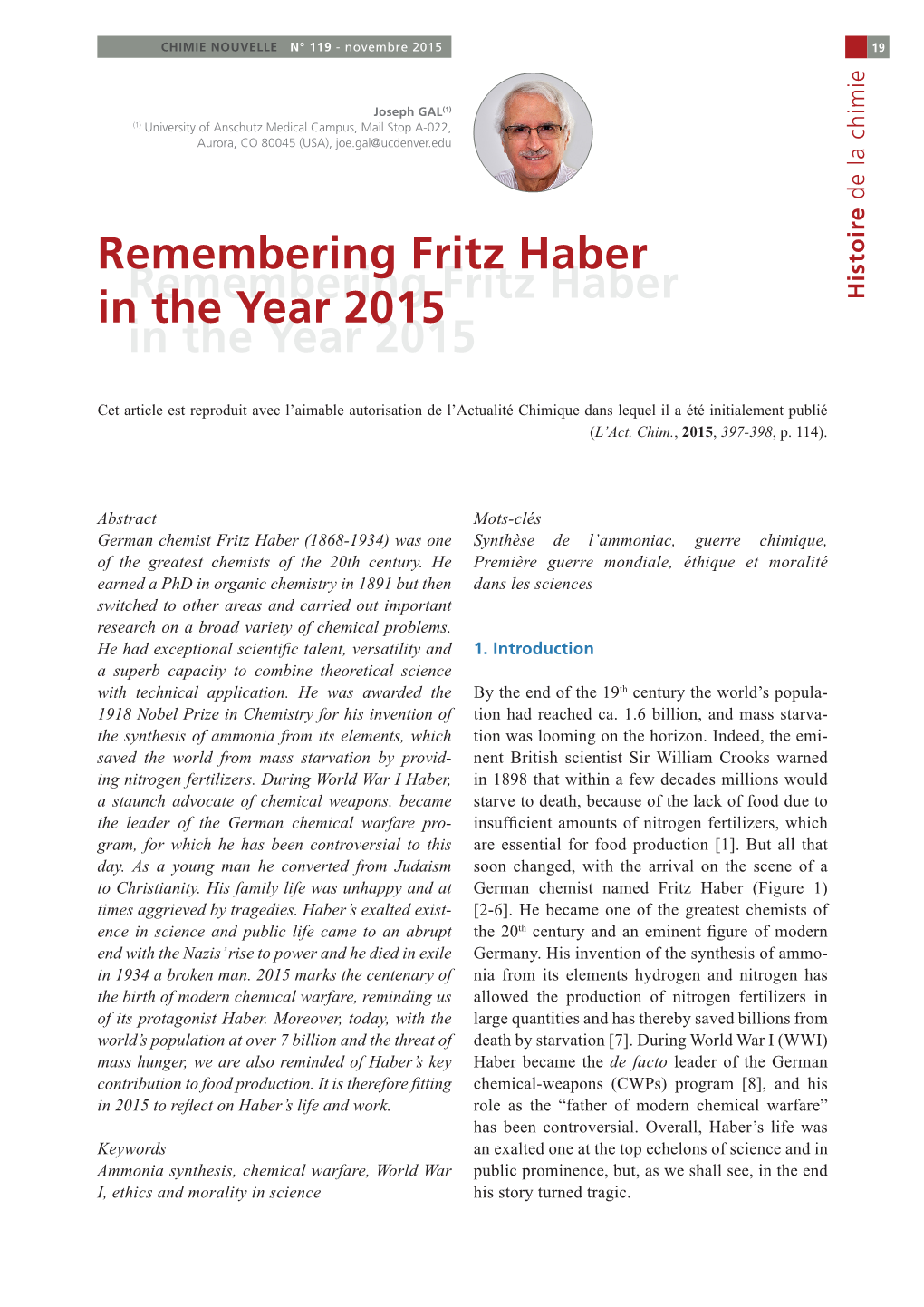 Remembering Fritz Haber in the Year 2015 Remembering Fritz Haber In