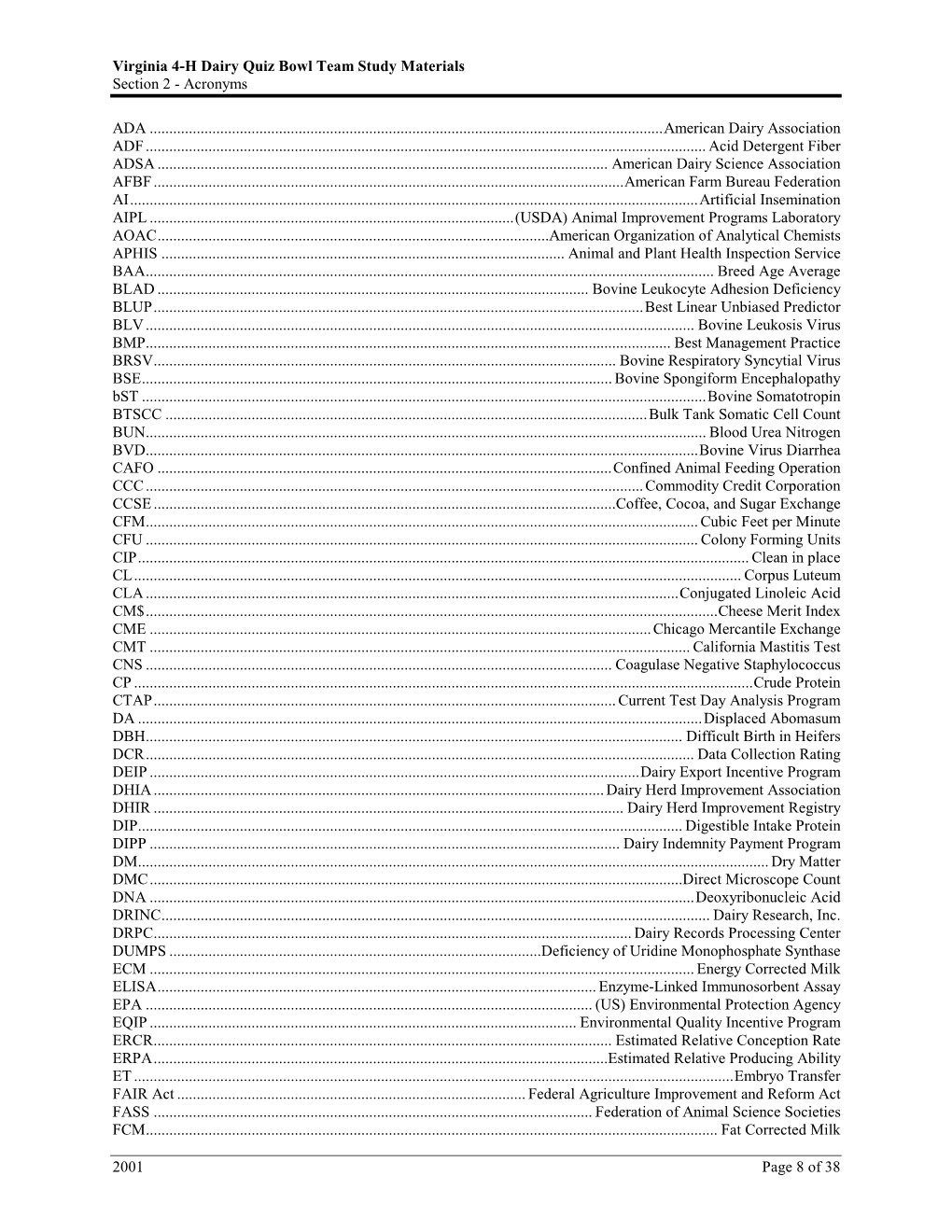 Virginia 4-H Dairy Quiz Bowl Team Study Materials Section 2 - Acronyms