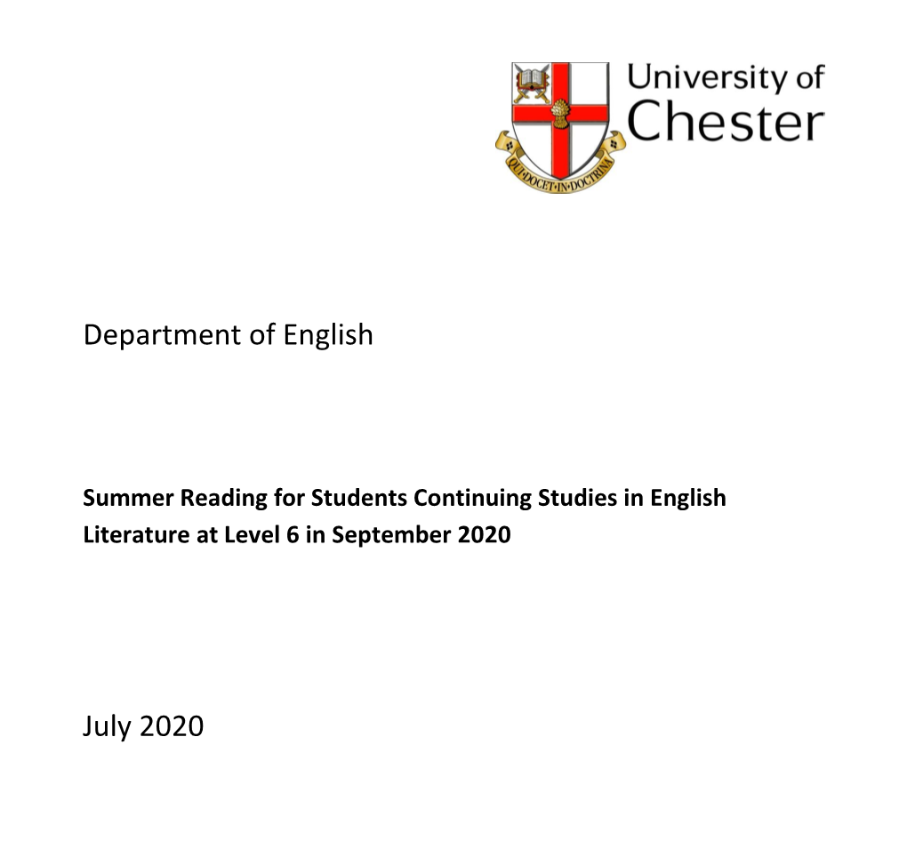 Summer Reading for Students Continuing Studies in English Literature at Level 6 in September 2020