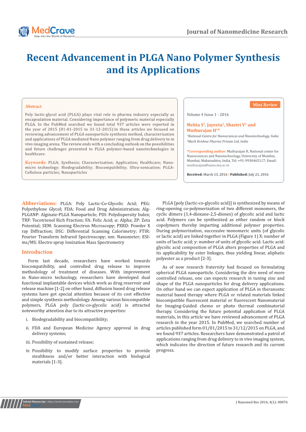 Recent Advancement in PGLA Nano Polymer Synthesis and Its