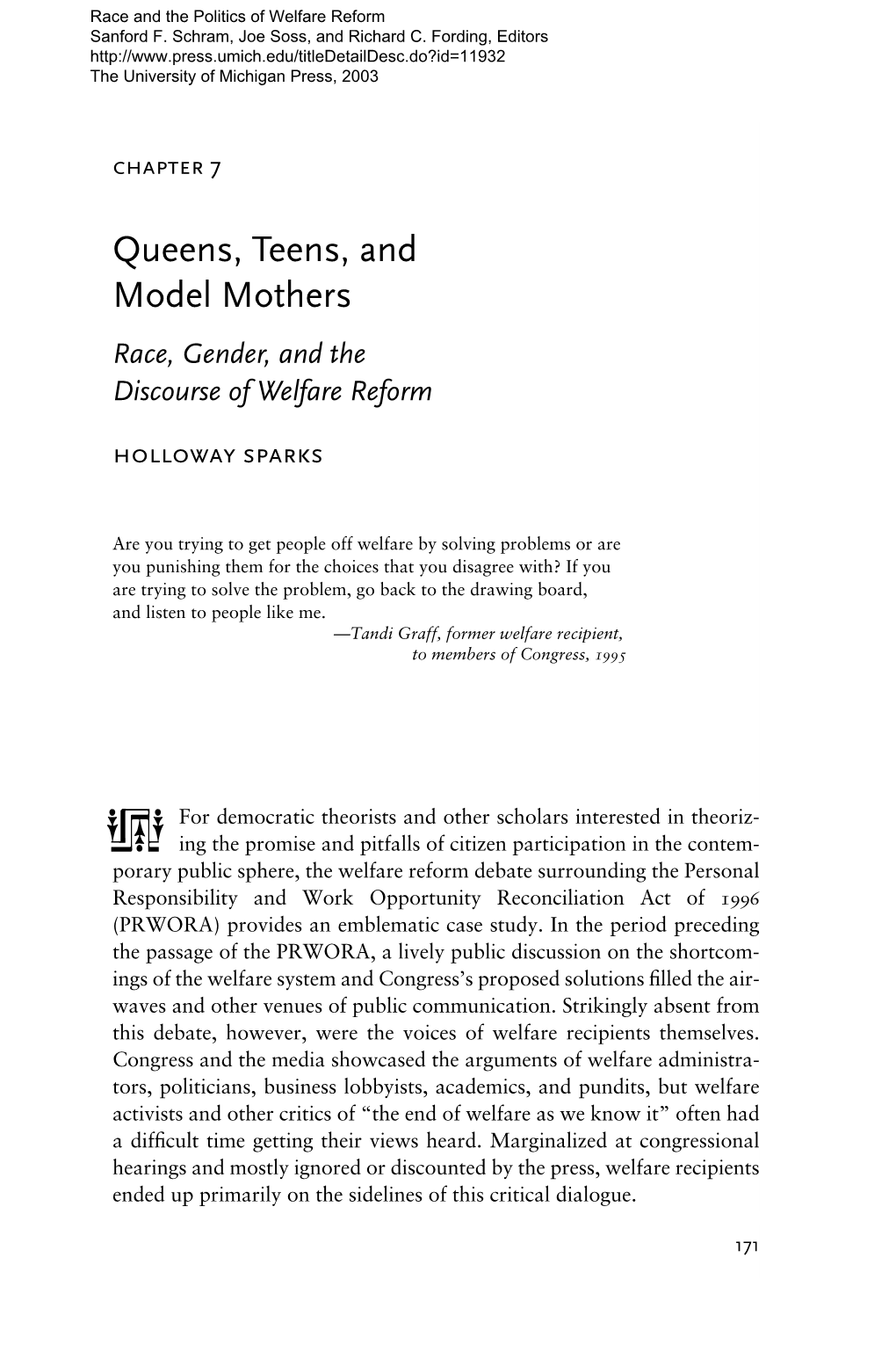 Race and the Politics of Welfare Reform Sanford F