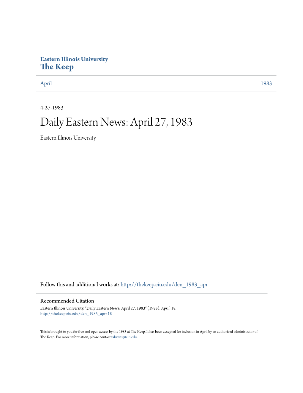 Daily Eastern News: April 27, 1983 Eastern Illinois University