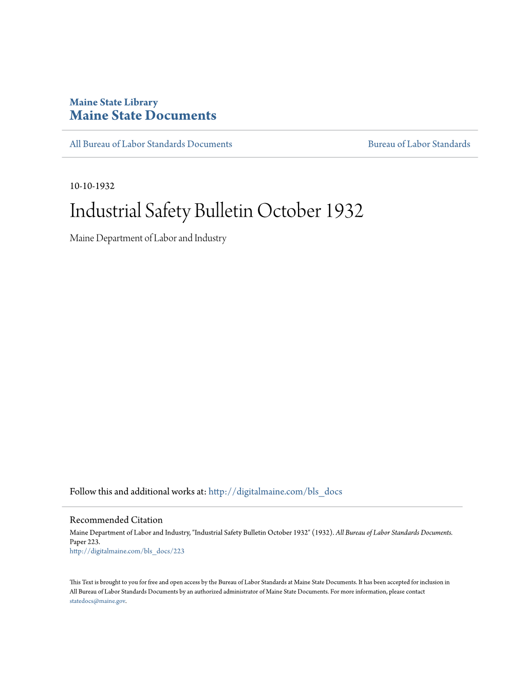Industrial Safety Bulletin October 1932 Maine Department of Labor and Industry