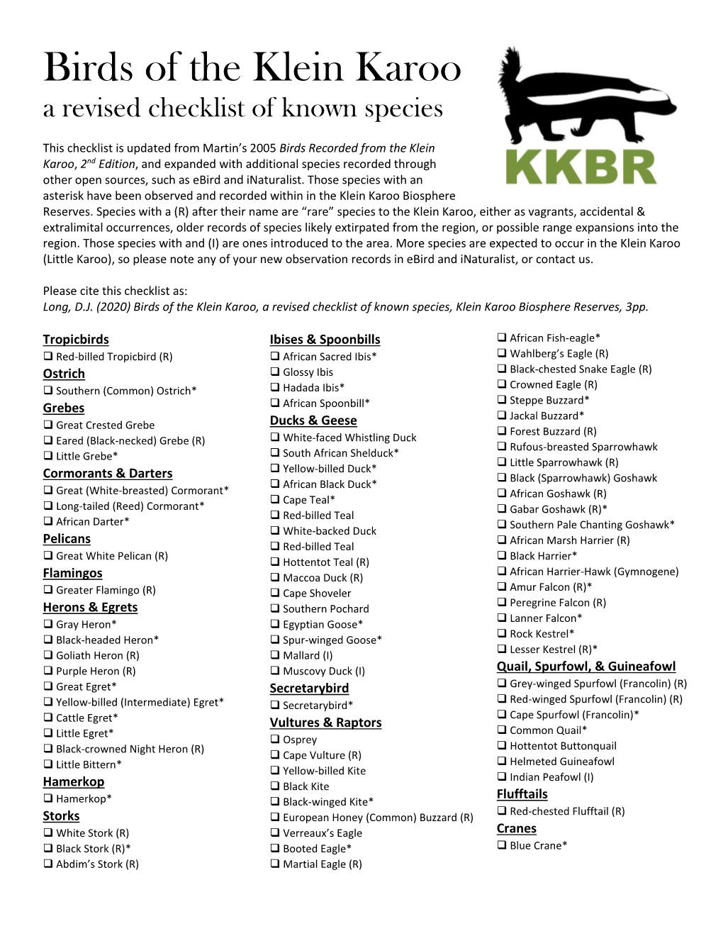 Bird Checklist for the Klein Karoo