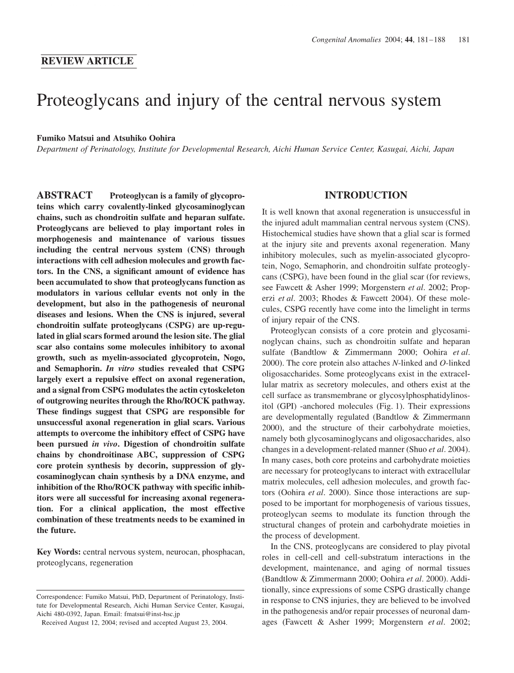 Proteoglycans and Injury of the Central Nervous System