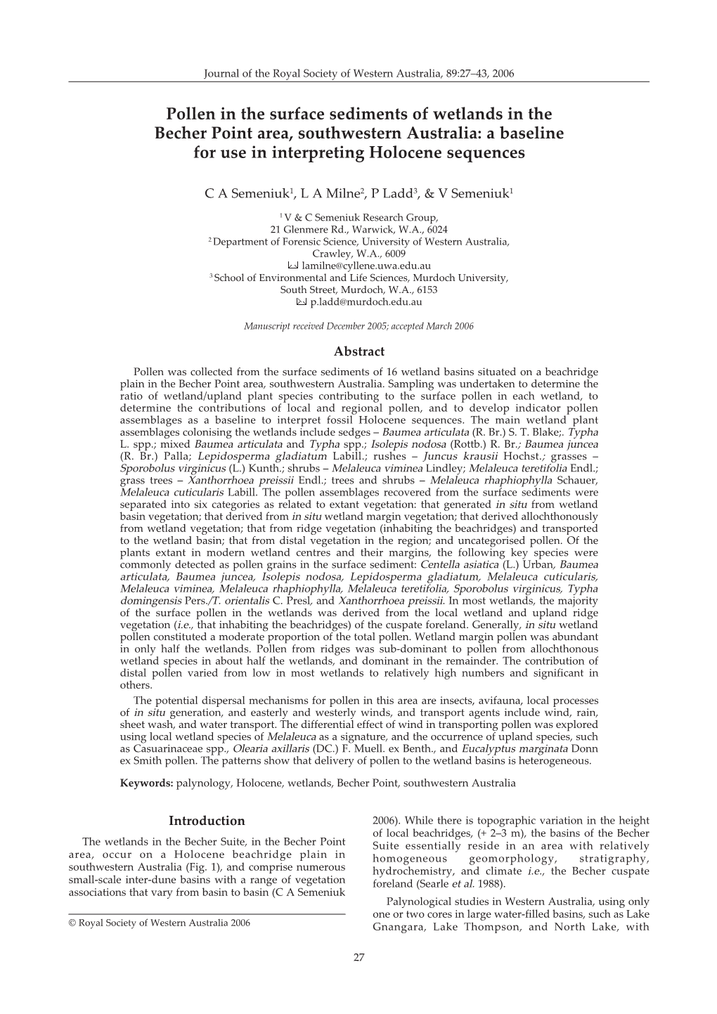 Pollen in the Surface Sediments of Wetlands in the Becher Point Area, Southwestern Australia: a Baseline for Use in Interpreting Holocene Sequences