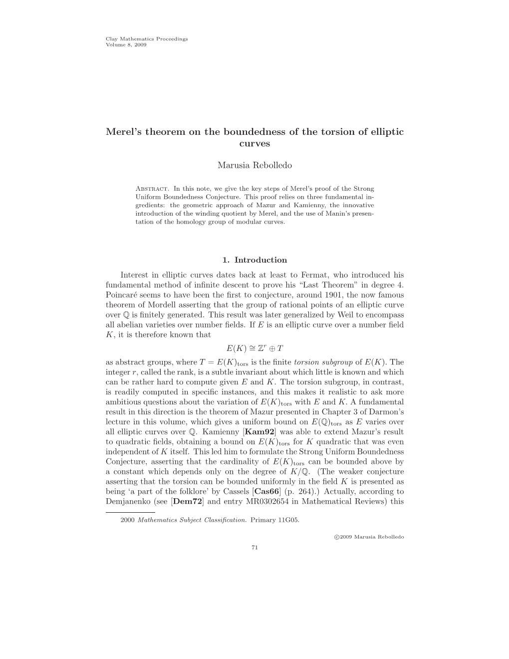 Merel's Theorem on the Boundedness of the Torsion of Elliptic Curves