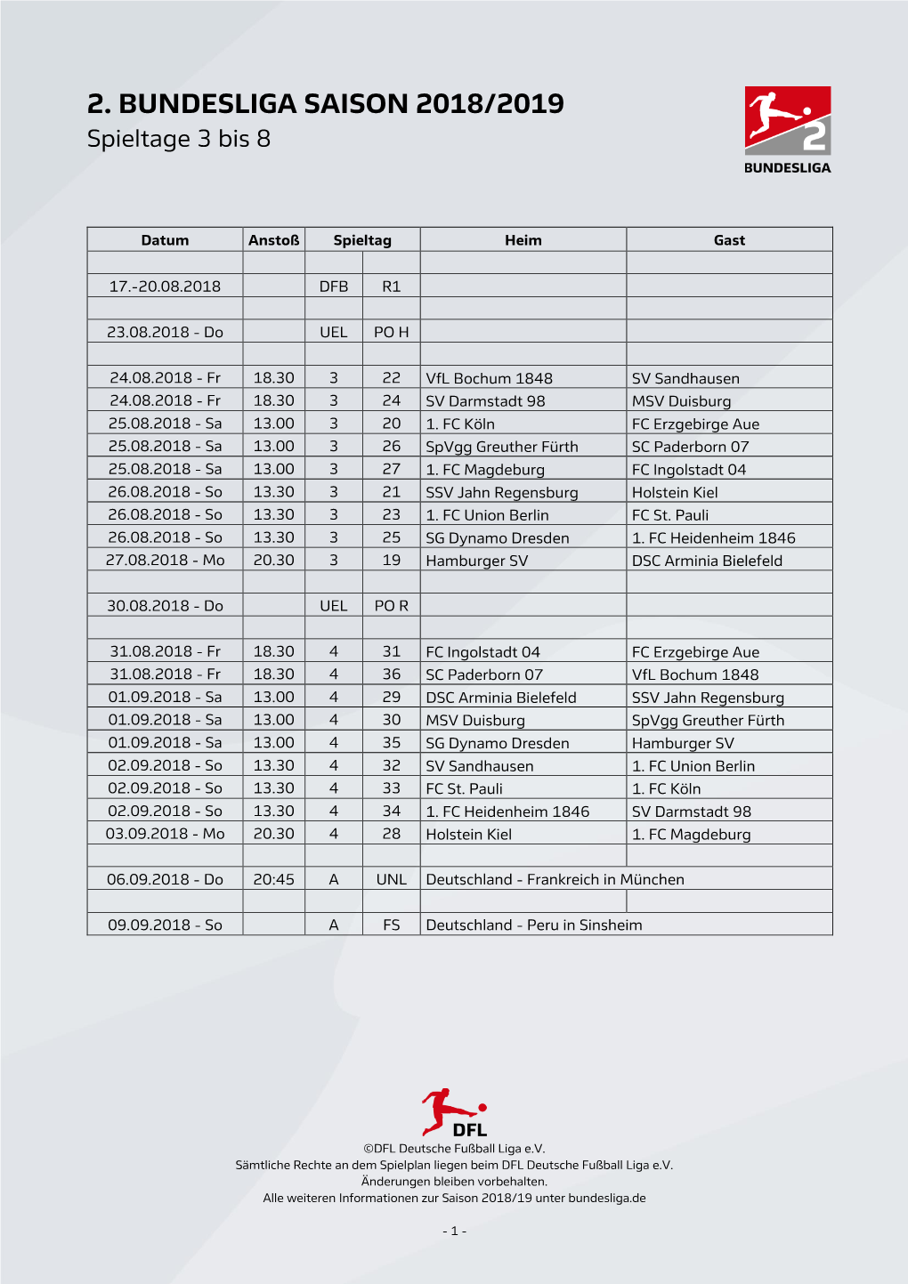 Ansetzungen 2. Bundesliga | Saison 2018/2019