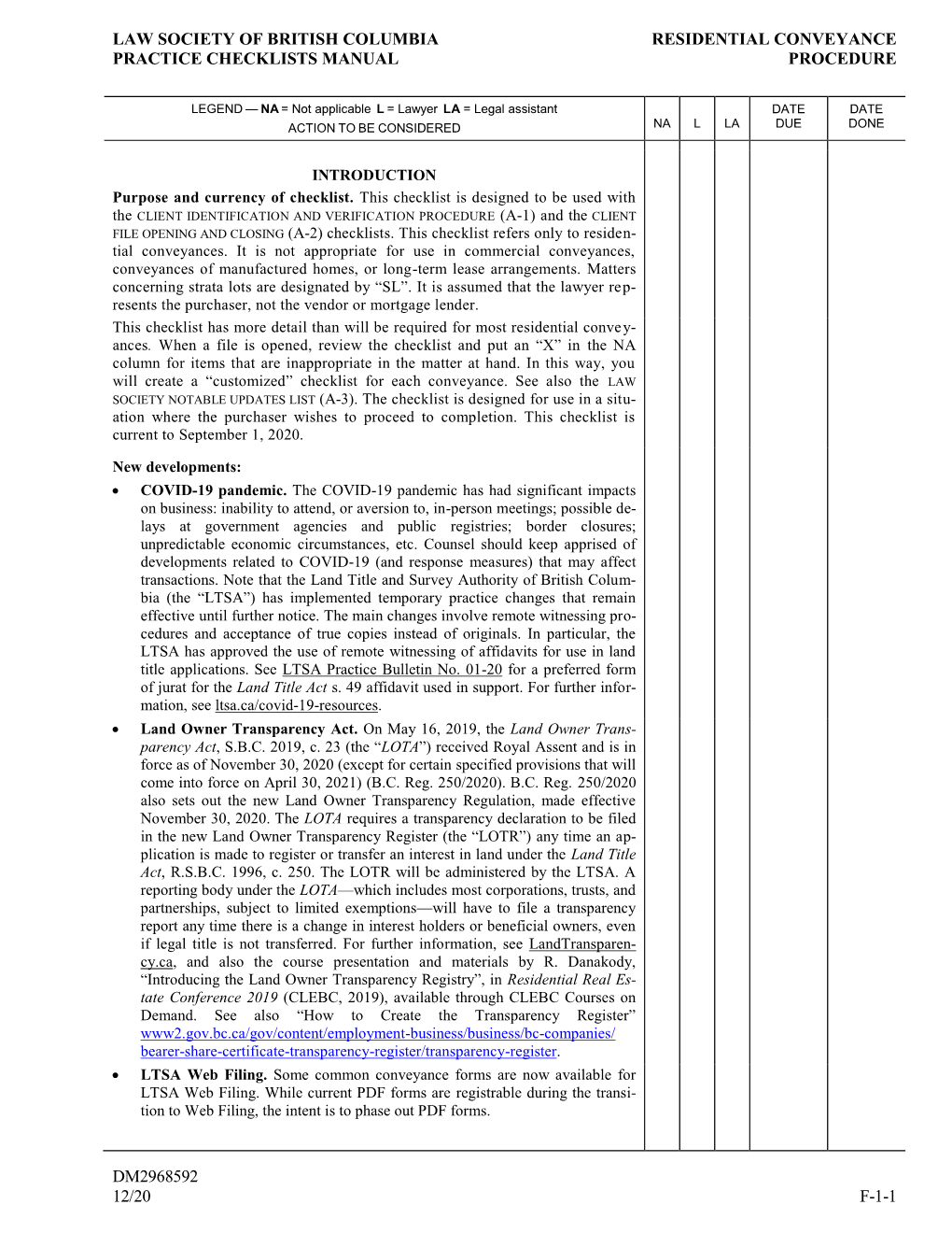 Law Society of British Columbia Residential Conveyance Practice Checklists Manual Procedure