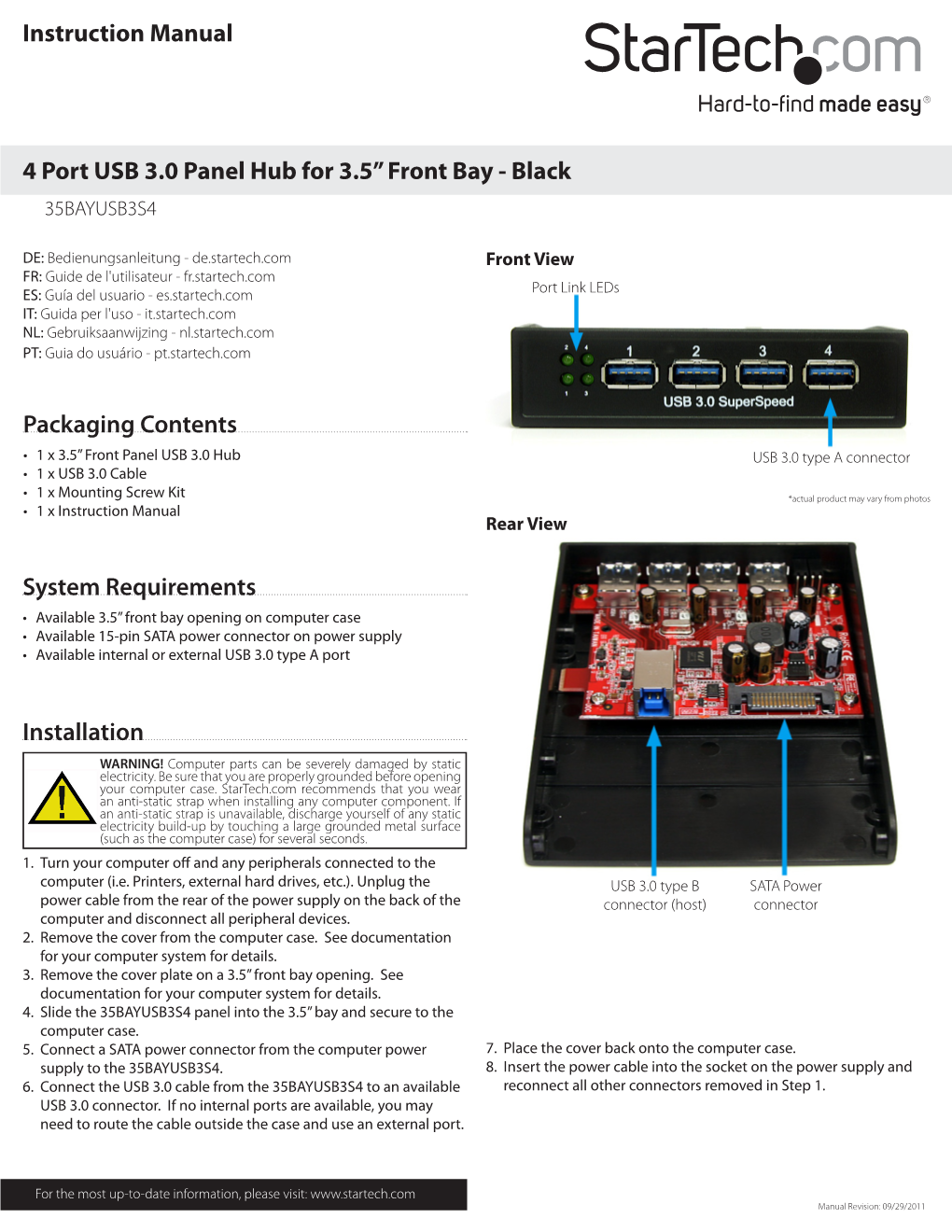 Instruction Manual Packaging Contents System Requirements 4 Port USB 3.0 Panel Hub for 3.5” Front