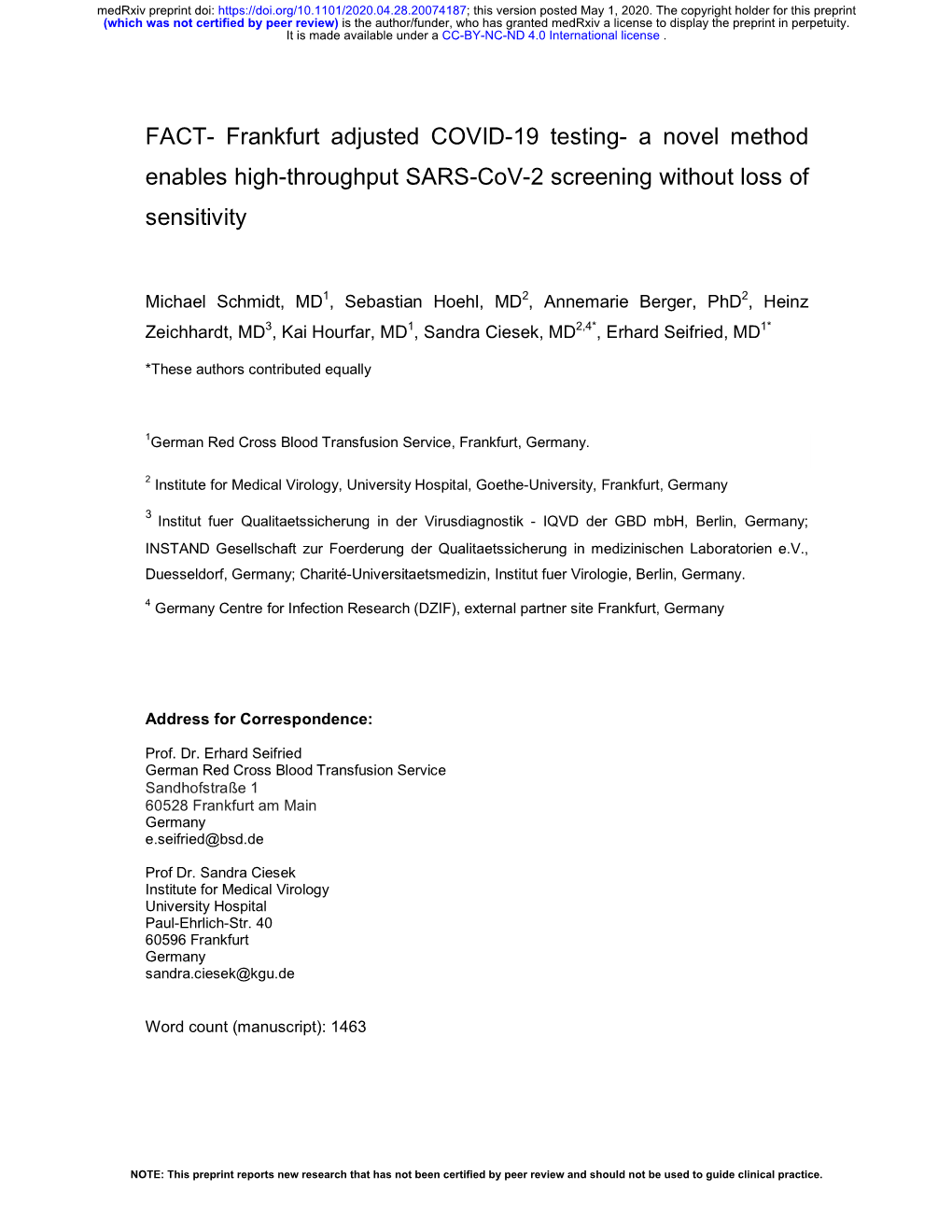 FACT- Frankfurt Adjusted COVID-19 Testing- a Novel Method Enables High-Throughput SARS-Cov-2 Screening Without Loss of Sensitivity