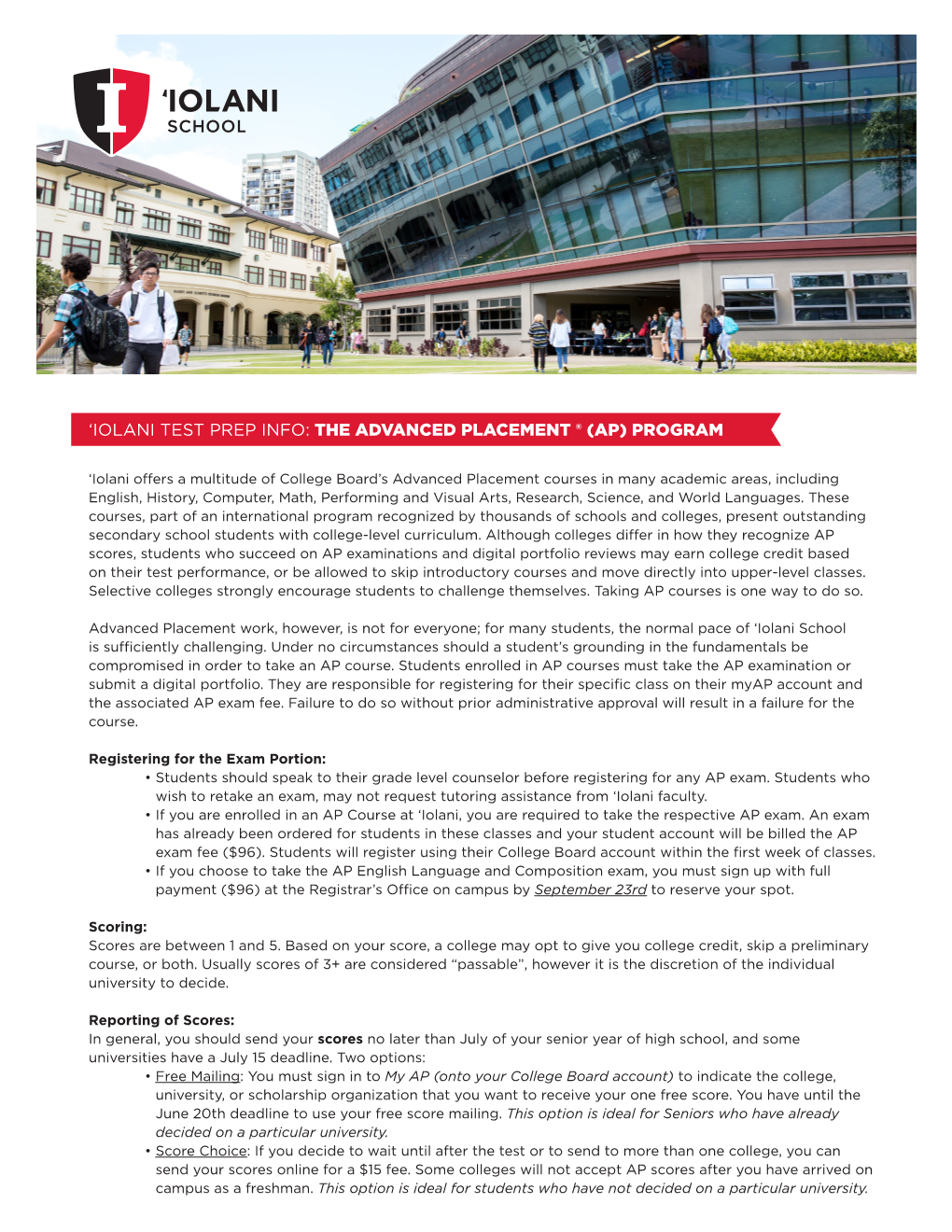 'Iolani Test Prep Info: the Advanced Placement ® (Ap) Program