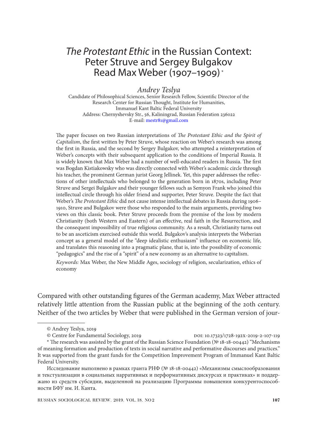 The Protestant Ethic in the Russian Context: Peter Struve and Sergey Bulgakov Read Max Weber (1907–1909) *