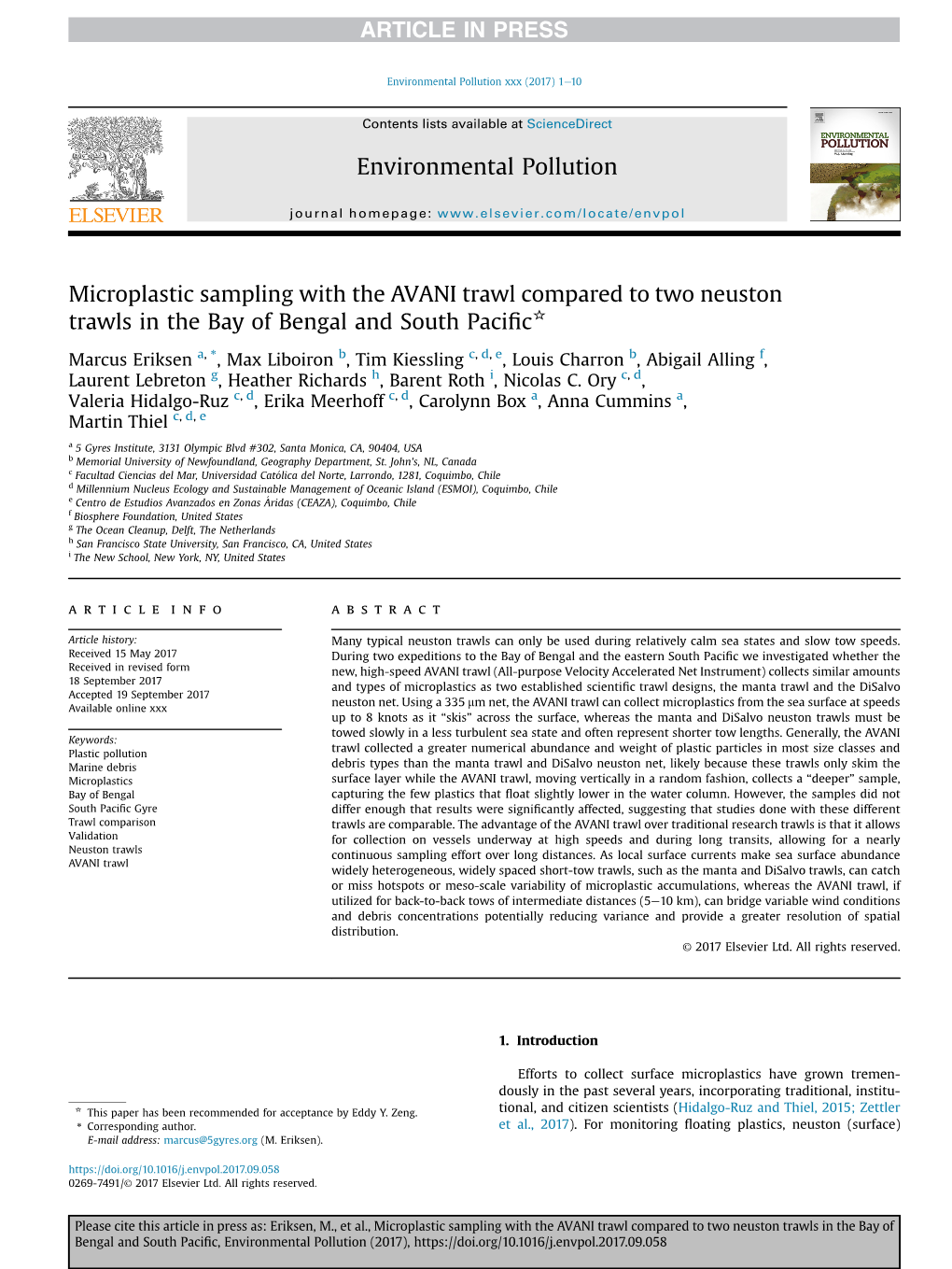 Microplastic Sampling with the AVANI Trawl Compared to Two Neuston Trawls in the Bay of Bengal and South Paciﬁc*