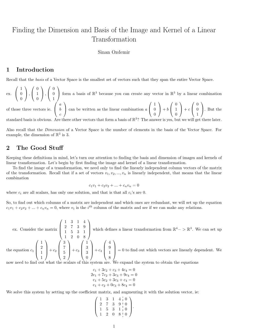 Finding the Dimension and Basis of the Image and Kernel of a Linear Transformation