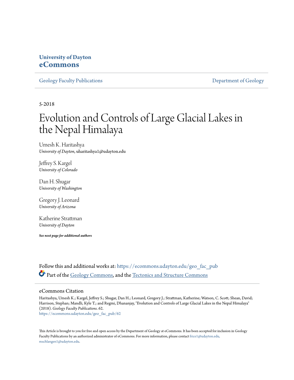 Evolution and Controls of Large Glacial Lakes in the Nepal Himalaya Umesh K