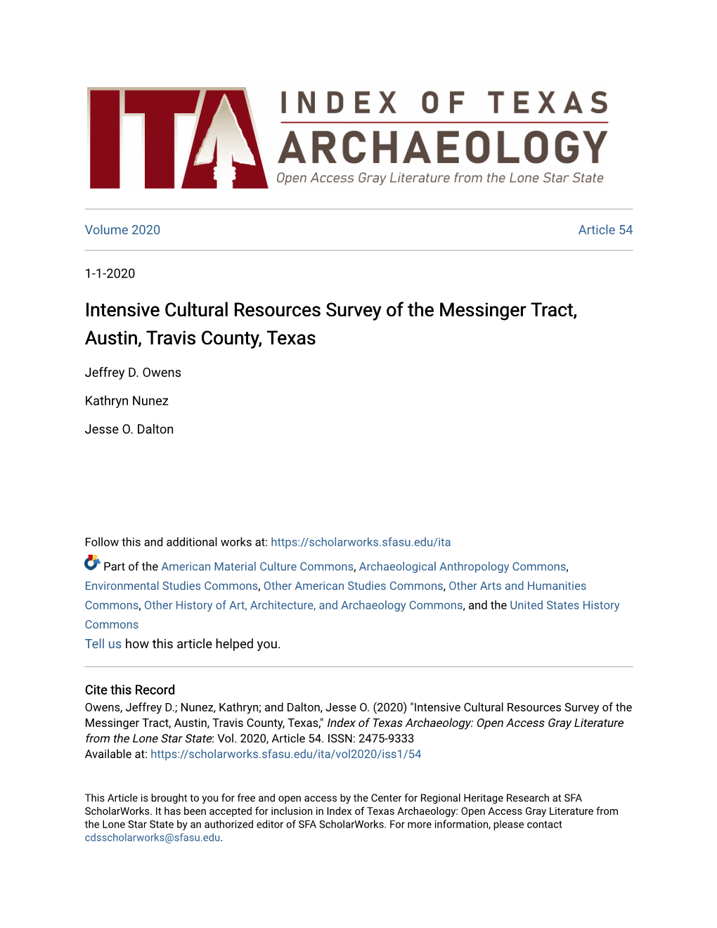 Intensive Cultural Resources Survey of the Messinger Tract, Austin, Travis County, Texas