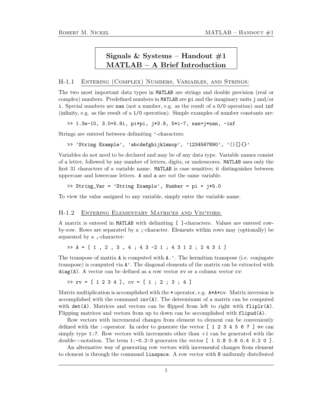 Signals & Systems – Handout #1 MATLAB – a Brief Introduction
