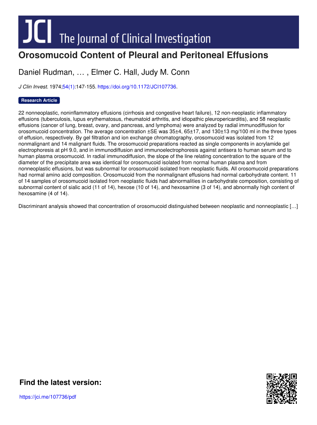 Orosomucoid Content of Pleural and Peritoneal Effusions