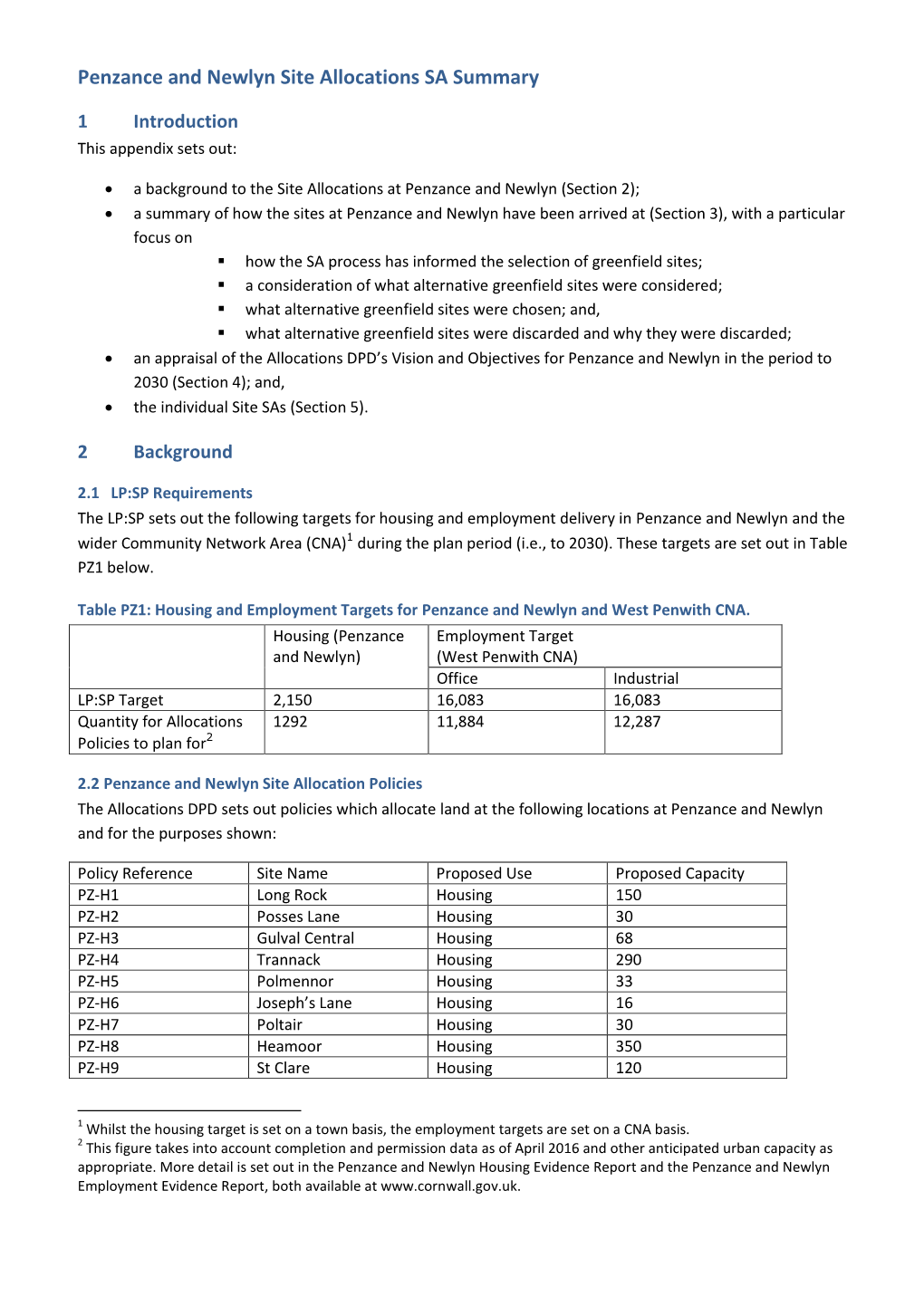 Penzance and Newlyn Site Allocations SA Summary