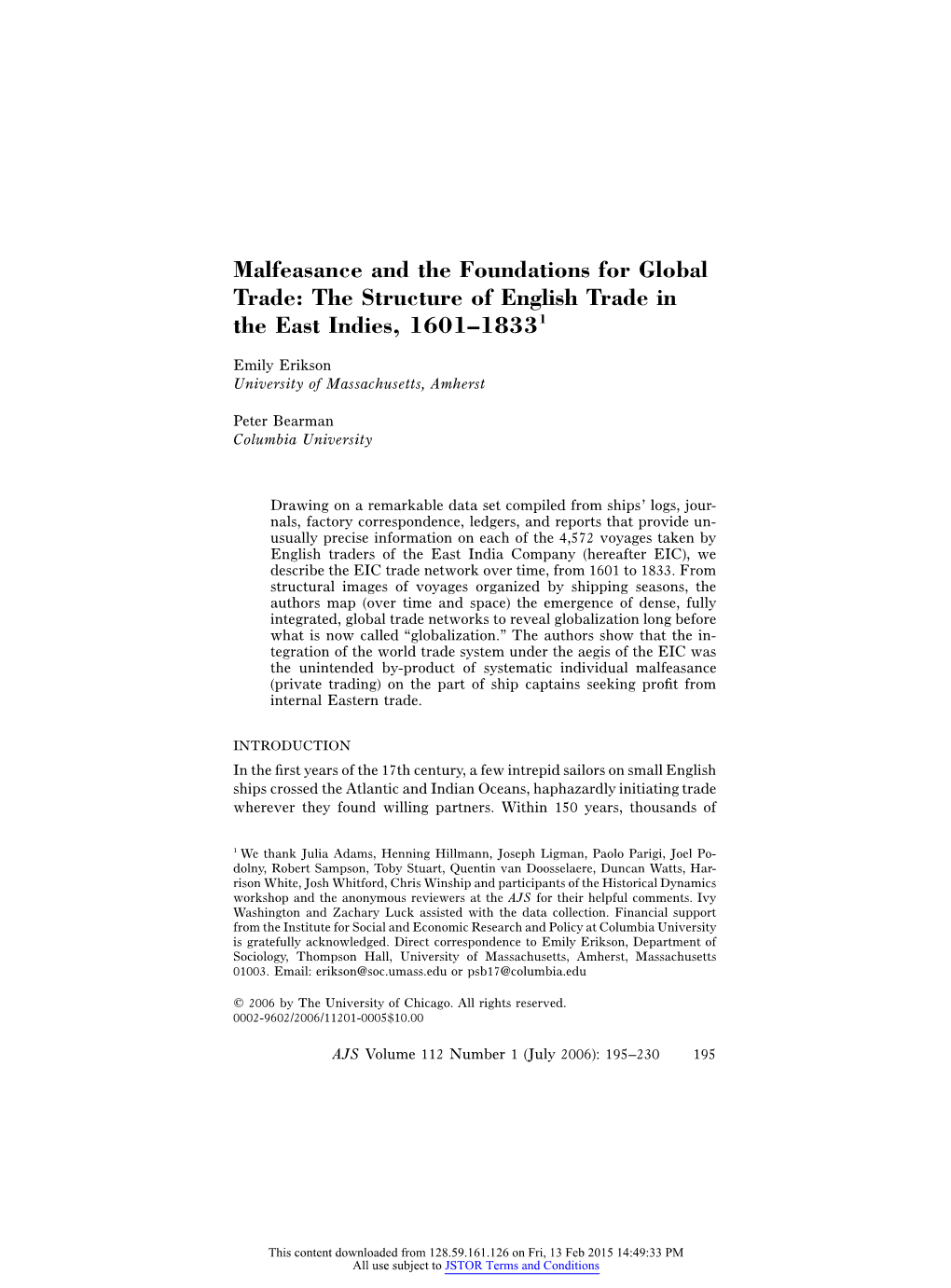 The Structure of English Trade in the East Indies, 1601–18331