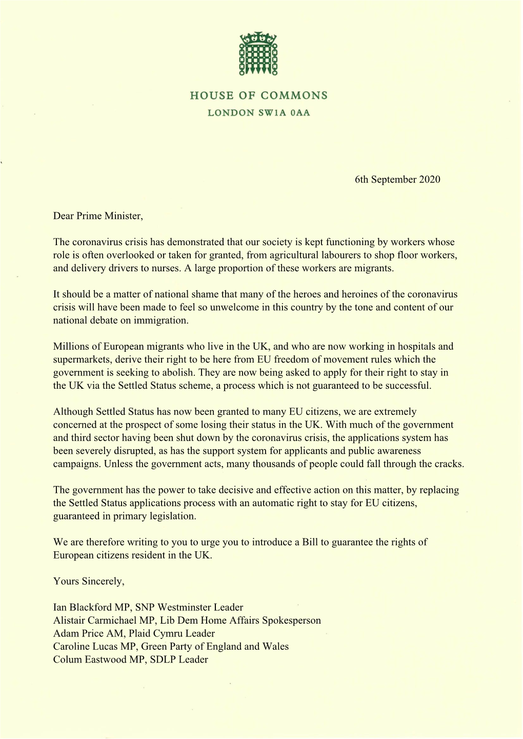 Today Written to the Prime Minister