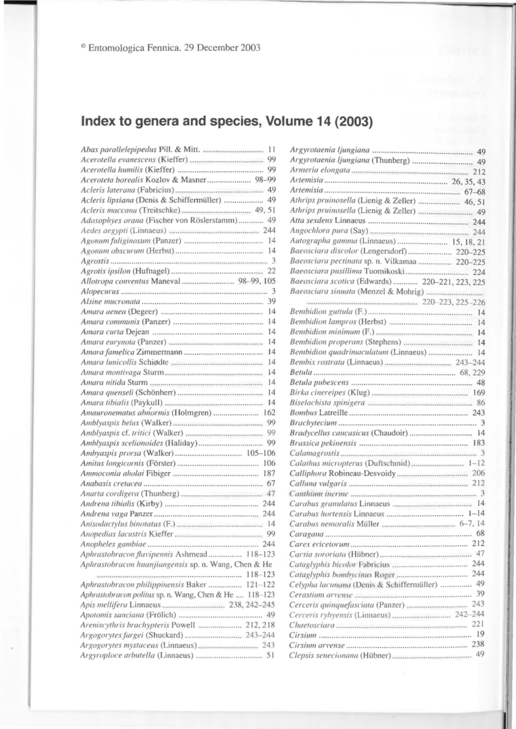 Index to Genera and Species, Volume 14 (2003)
