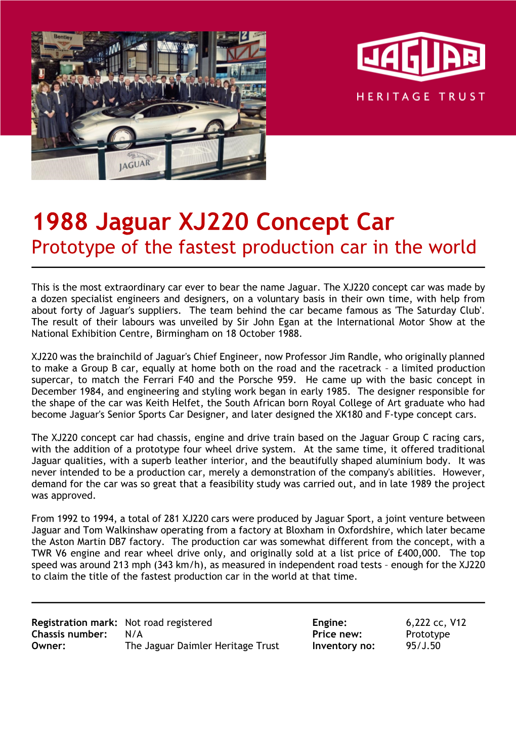 1988 Jaguar XJ220 Concept Car Prototype of the Fastest Production Car in the World